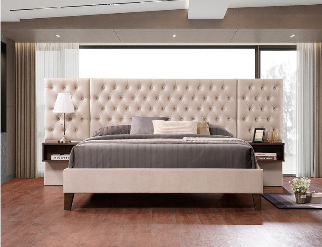 IF-5565 Beige Velvet Fabric Upholstered Bed with 2 Floating Wooden Night Stands