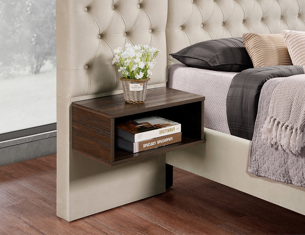 IF-5565 Beige Velvet Fabric Upholstered Bed with 2 Floating Wooden Night Stands