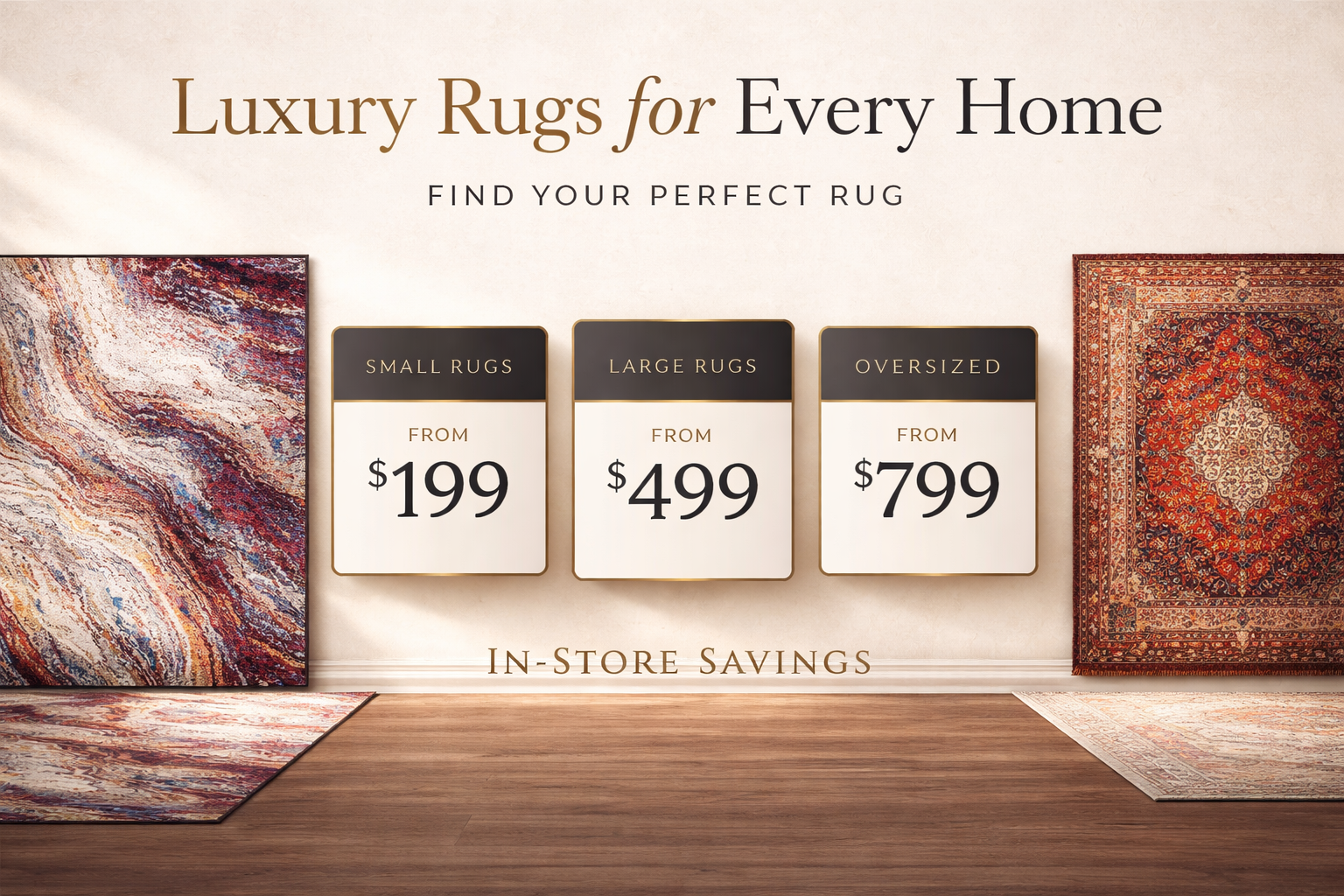 Elegant rug promotions in stylish showroom